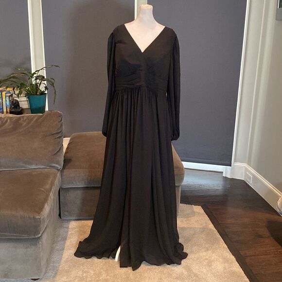 Women’s Black Full Length Chiffon V-Neck Corset Back Dress Leg Split Size 18W - Picture 1 of 11
